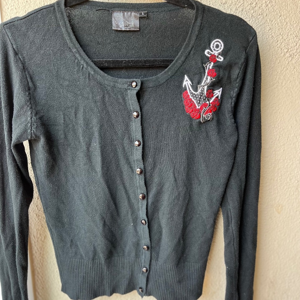 Lucky Thirteen Rockabilly Button-up CardiganSweater Embroidered Anchor L black